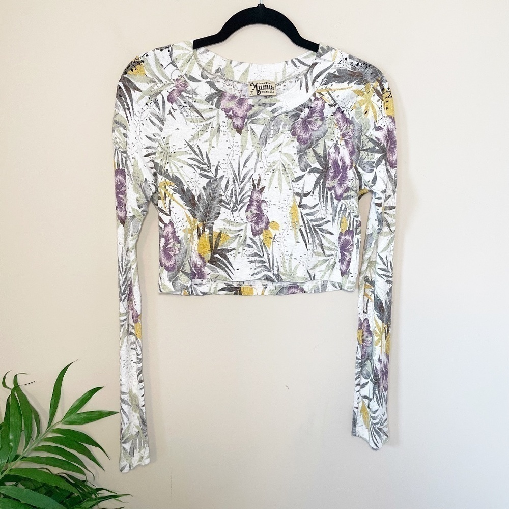 Show Me Your MuMu White Floral Long-Sleeve Crop Top with Purple & Yellow Accents